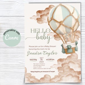 Safari boho uitnodigingskaart voor babyshower genderneutraal heteluchtballon uitnodigingssjabloon Instant Download afdrukbare bewerkbare kaart