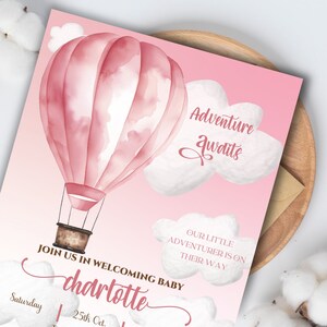 Modelo de convite para chá de bebê de menina para chá de bebê com tema rosa Download instantâneo Cartão de balão de ar quente editável para impressão