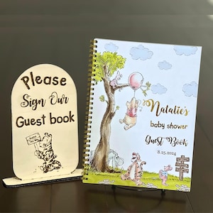 Por favor, firme nuestro libro de visitas Letrero para baby shower Letrero de madera para libro de visitas Soporte de madera con Tigger Letrero para el primer cumpleaños Libro de visitas Decoración para mesa de regalo
