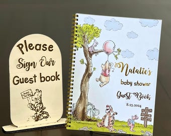 Please Sign Our GuestBook Sign Baby Shower Sign Wooden Guest book Sign Wood Stand With Tigger First Birthday Sign in Book Gift Table Decor