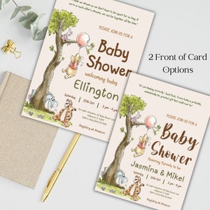 Classico modello di invito per baby shower di Winnie The Pooh, download immediato, stampabile, cartello di benvenuto per il primo compleanno, modificabile