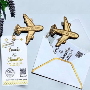 Save The Date Wedding Wooden Destination Abroad Airplane Fridge Magnet With Passport Tag Gold Foil Text QR Code & Envelope Travel Invitation