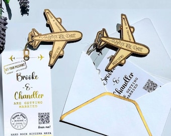 Imán de madera con diseño de avión para guardar la fecha, etiqueta de equipaje dorada para boda de destino, invitación a playa tropical