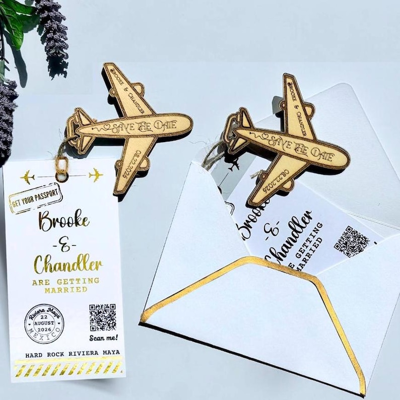 Wooden Airplane Save the Date Magnet Destination Wedding Gold Foil ...