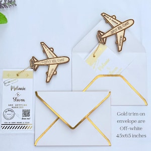 Save The Date Wedding Wooden Destination Abroad Airplane Fridge Magnet With Passport Tag Gold Foil Text QR Code & Envelope Travel Invitation