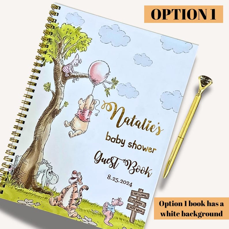 Classic Winnie the pooh Tigger Eeyore Piglet and Roo playing in hundred acre wood baby shower guestbook in gold foil and gold coil with gold pen with a crystal Guest sign in  book  with sheet for a boy baby shower party welcome baby boy scrap book