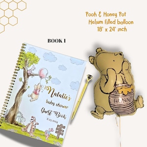 May include: A baby shower guest book with a Winnie the Pooh theme, featuring illustrations and the text "Natalie's baby shower Guest Book 8.25.2024." Includes a gold pen and a Pooh bear helium balloon, measuring 18 x 24 inches.