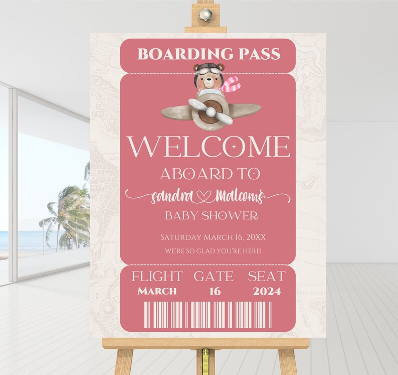 Oh Baby Airplane Bear It's a Girl Baby Shower Sign Instant
