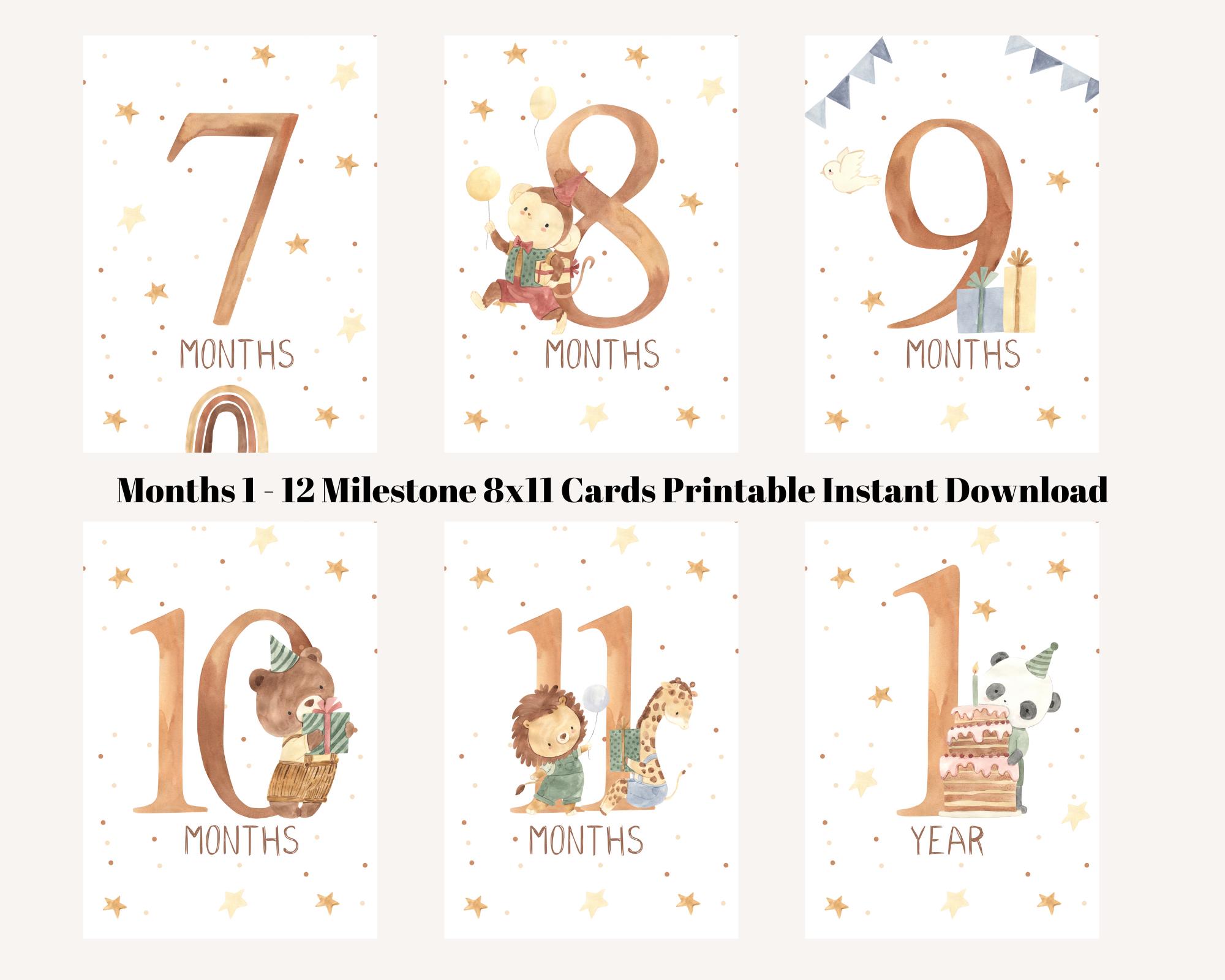 Baby Boy Milestone Cards, Watercolor Animals 1-12 Months (digital ...