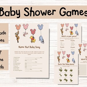Klassieke Winnie de Poeh Bear and Friends Shower 21 spelkaarten Instant Download Mickey Mouse ballon Babyshower spelkaarten afdrukbare W04