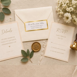 May include: A cream-colored wedding invitation suite featuring a details card, an RSVP card, and an envelope with a gold-bordered address label. The label reads Mr. and Mrs. Jordan Williams, 1234 Ocean Breeze Drive, Miami, Florida 33109.