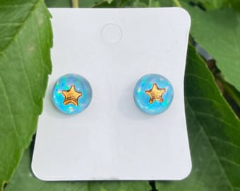 Holographic Blueberry Stud Earrings, Iridescent Resin Star, Kawaii Goth