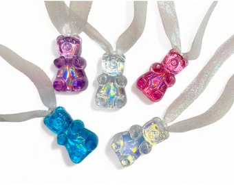 Gummy Bear Ornament Set of 6 Iridescent/Holographic 7 Different Styles, Candy Christmas Decorations, Faux Christmas Candy