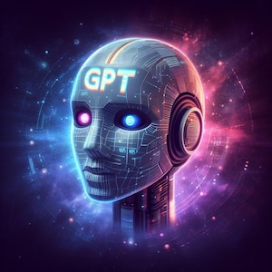 Op de afbeelding: Een robotachtig hoofd met een rasterachtig circuitpatroon op het oppervlak en de tekst GPT op het voorhoofd. Het hoofd heeft gloeiende roze en blauwe ogen en geïntegreerde ronde oordopjes, tegen een achtergrond van een paarse en blauwe nevel.