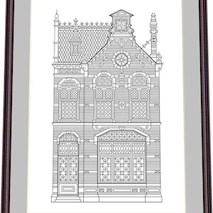May include: A black and white line drawing of a building with intricate details. The building has a tall, narrow facade with a pointed roof and a series of windows and doors. The drawing is signed "Elena Dyakovskaya" at the bottom.
