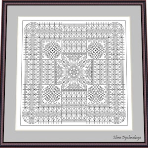 May include: A framed black and white print featuring an intricate, symmetrical design. The artwork showcases a detailed pattern of geometric shapes, floral motifs, and ornamental elements. The frame is dark brown, and the artist's name, Elena Dyakovskaya, is visible in the bottom right corner.