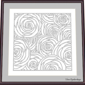 Könnte beinhalten: Schwarzweiß-Linienkunst-Druck eines geometrischen Musters aus überlappenden Rosen. Der Druck ist in einem dunkelbraunen Rahmen gerahmt und unten rechts mit "Elena Dyakovskaya" signiert.