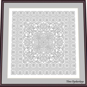 Könnte beinhalten: Ein gerahmtes, schwarz-weißes geometrisches Muster. Das Design zeigt komplizierte, sich wiederholende Formen und florale Elemente innerhalb eines quadratischen Rahmens. Die Signatur "Elena Dyakovskaya" befindet sich unten rechts.