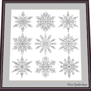 May include: Nine black and white snowflake designs in a framed illustration. The snowflakes are intricate and detailed, with a variety of shapes and patterns. The illustration is signed "Elena Dyakouskaya" in the bottom right corner.