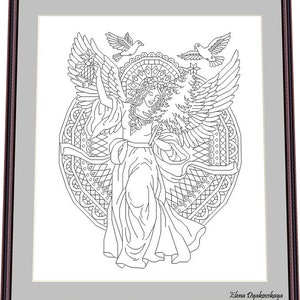 May include: A black and white line drawing of an angel with wings spread wide. The angel is holding a musical instrument and is surrounded by a circular design. There are three birds flying above the angel. The image is signed "Elena Dyakovskaya".