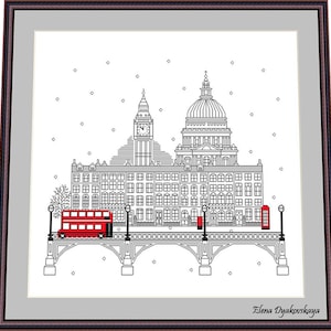 Könnte beinhalten: Schwarz-weiß-Zeichnung der Londoner Skyline mit Big Ben, St. Paul's Cathedral und einem roten Doppeldeckerbus, der eine Brücke überquert. Das Bild hat einen verschneiten Hintergrund mit kleinen weißen Punkten.