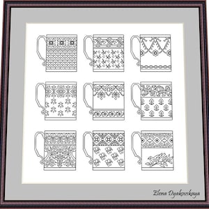 Peut inclure: Neuf illustrations en noir et blanc de tasses avec différents motifs géométriques. Les tasses sont disposées en trois rangées de trois. Le texte "Elena Dyakouskaya" est en bas de l'image.