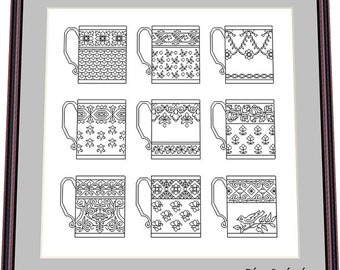 Antieke theekopjes – Blackwork-patroon, digitaal borduurpatroon – pdf, direct downloaden