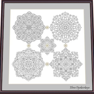 May include: Five black and white mandala designs with gold accents on a white background. The designs are intricate and detailed, and they are arranged in a symmetrical pattern. The artist's signature, "Elena Dyakouskaya", is at the bottom of the image.
