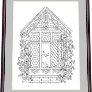 Peut inclure: Un dessin au trait noir et blanc d'une maison traditionnelle avec une fenêtre et des oiseaux perchés sur des branches. La fenêtre est ouverte et des oiseaux s'envolent. Le texte "Elena Dyakovskaya" est en bas de l'image.