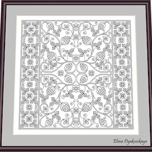 Könnte beinhalten: Schwarzweißes Kreuzstichmuster mit einem floralen Design mit Blättern und Blumen. Das Muster ist gerahmt und enthält den Text "Elena Dyakouskaya".