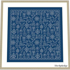 May include: A framed, blue and white Christmas-themed cross-stitch pattern. The design features repeating white outlines of snowflakes, reindeer, gingerbread men, Christmas trees, and wrapped gifts. The artist's name, Elena Dyakovskaya, is in the bottom right corner.