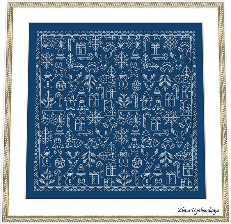 May include: A framed, blue and white Christmas-themed cross-stitch pattern. The design features repeating white outlines of snowflakes, reindeer, gingerbread men, Christmas trees, and wrapped gifts. The artist's name, Elena Dyakovskaya, is in the bottom right corner.