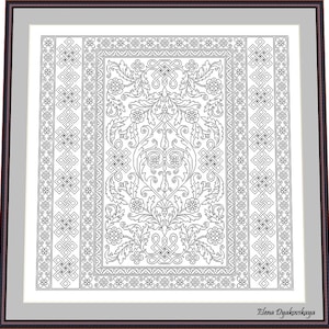 May include: Black and white line art design of a traditional rug with a floral pattern and intricate border. The design is framed in a brown frame. The text "Elena Dyakova" is at the bottom of the image.