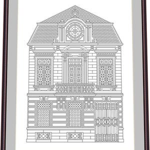 May include: A black and white line drawing of a building with a detailed facade. The building has a large, arched window at the top and a balcony on the second floor. The building is surrounded by a decorative frame.