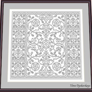 May include: A black and white line drawing of a floral pattern featuring roses and leaves. The pattern is framed within a square border. The artist's name, Elena Dyakovskaya, is written at the bottom of the image.