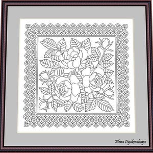 May include: Black and white floral cross-stitch pattern featuring roses and leaves, framed in a dark brown frame. The design includes a decorative border and is signed "Elena Dyakovskaya".