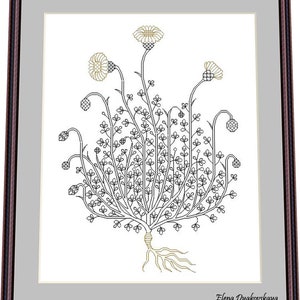 Può includere: Un disegno in bianco e nero di un fiore stilizzato con un centro giallo. Il fiore ha un lungo stelo e molti rami con piccole foglie. Le radici sono anche visibili e sono disegnate in giallo. L'immagine è firmata "Elena Dyakovskaya" in basso a destra.