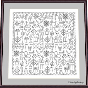May include: A framed black and white cross-stitch pattern featuring Christmas-themed icons. The design includes snowflakes, reindeer, gingerbread men, Christmas trees, candy canes, and gift boxes. The artist's name, Elena Dyakovskaya, is in the bottom right corner.