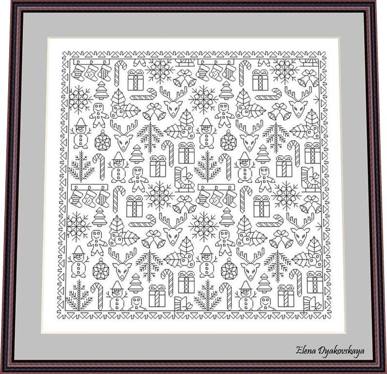 May include: A framed black and white cross-stitch pattern featuring Christmas-themed icons. The design includes snowflakes, reindeer, gingerbread men, Christmas trees, candy canes, and gift boxes. The artist's name, Elena Dyakovskaya, is in the bottom right corner.