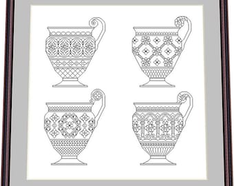 Antike Teetassen 2 - Blackwork Muster, Nadelspitzen Muster Digital - PDF, sofortiger Download