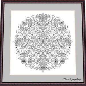 May include: A framed black and white cross-stitch design with a symmetrical floral and scroll pattern. The artwork is set against a white background, with a grey mount and a dark brown wooden frame. The artist's name, Elena Dyakovskaya, is in the bottom right corner.