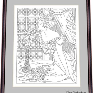 May include: A black and white line drawing of a woman in a dress, looking at a vase of roses. The woman is standing in front of a window with a patterned design. The text "Elena Dyakouskaya" is at the bottom of the image.