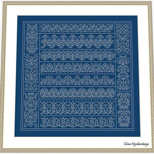 May include: Framed artwork featuring a detailed white floral pattern on a deep blue background. The design includes various border styles and decorative elements. The artwork is signed "Elena Dyakovskaya" in the lower right corner.