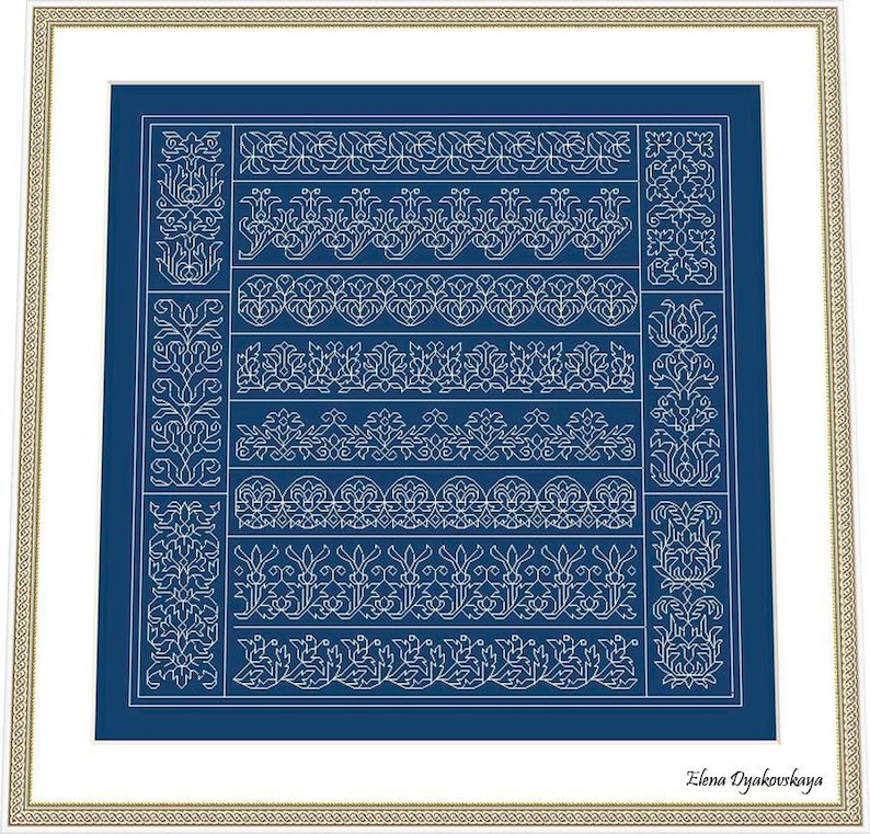 May include: Framed artwork featuring a detailed white floral pattern on a deep blue background. The design includes various border styles and decorative elements. The artwork is signed "Elena Dyakovskaya" in the lower right corner.