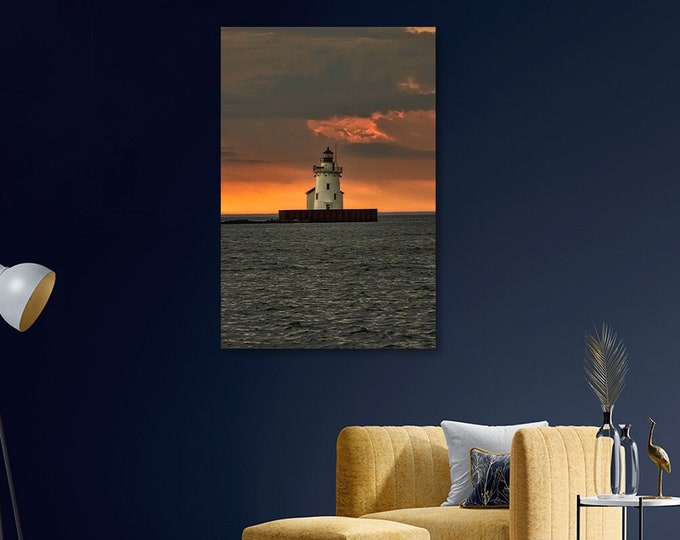 Cleveland Harbor West Pierhead Lighthouse | Moody Wall Art | Stormy Sunset Photography | Cleveland, Ohio | Lake Erie | Beach House Wall Art