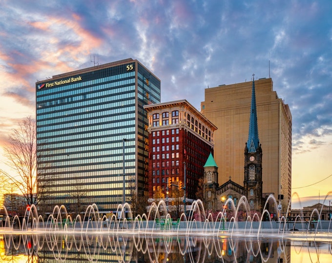Reflections in the Square - Cleveland, OH | Old Stone Church | Public Square | Fountain Art | Symmetry | Sunset Wall Art | Cleveland Cavnas