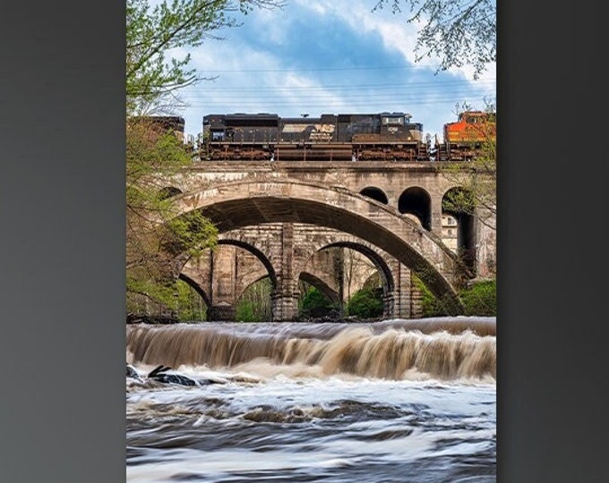 Berea Falls, Ohio | Cleveland | Waterfall Art | Train Art | Train Wall Decor | Bridge Art | Locomotive | Stone Arch Bridge | Apartment Decor