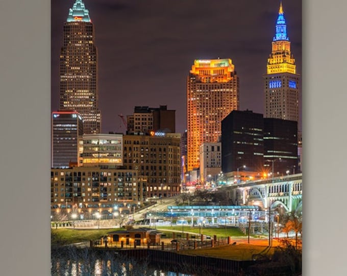 Lit up for Ukraine - Cleveland, OH | Cleveland Skyline | Downtown Cleveland | The Land | Night Cityscape | Skyscraper Wall Decor | Ohio Art