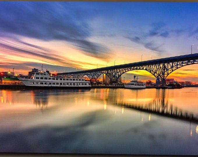 Nautica Queen in Cleveland, OH | Sunset Wall Art | Cuyahoga River | Bridge Wall Decor | Sunrise Photo | Boat Art | Long Exposure | Ohio