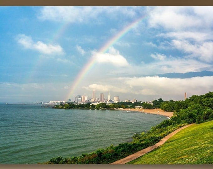 Cleveland rainbow | Cleveland, Ohio | Cleveland Skyline | Lake Erie | Summer Wall Art | Gift for Her | Rainbow Over City | Pride Wall Decor
